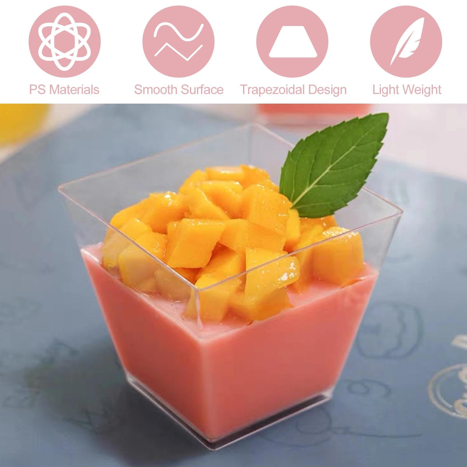 50 Pezzi Finger Food Contenitori Riutilizzabili, Tazze da Dessert Quadrate Trasparenti, Coppette da Dessert con Cucchiai, Tazze Bicchieri da Dessert per Budini, Mousse e Gelati(60 ML/2oz)