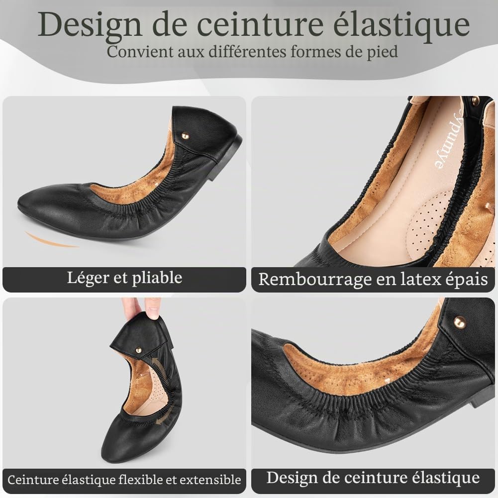 OFFCUP Ballerines Femme Flats Chaussures, Ballerines Femme Plates Pliable, Chaussures Pointe Ronde Fermé Respirantes Confortable Ballerines Loafers pour Les Mariages et Les fêtes