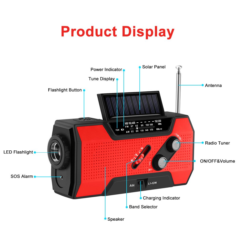 Emergency Hand Crank Radio, FORNORM Solar Radio 2000mAh Power Bank Wind