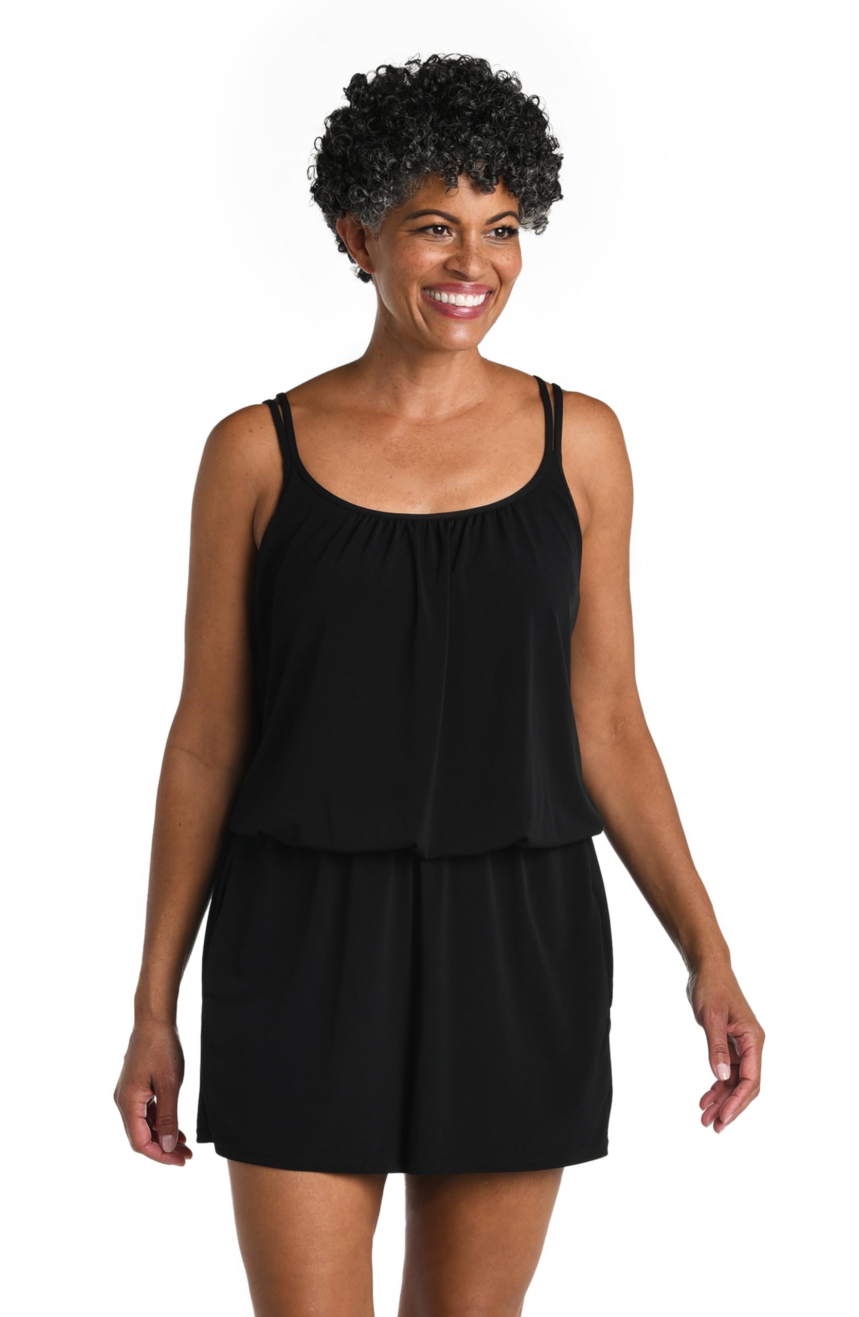 Maxine Of Hollywood Women's Romper One Piece Swimsuit, Black//Solid Tr, 22
