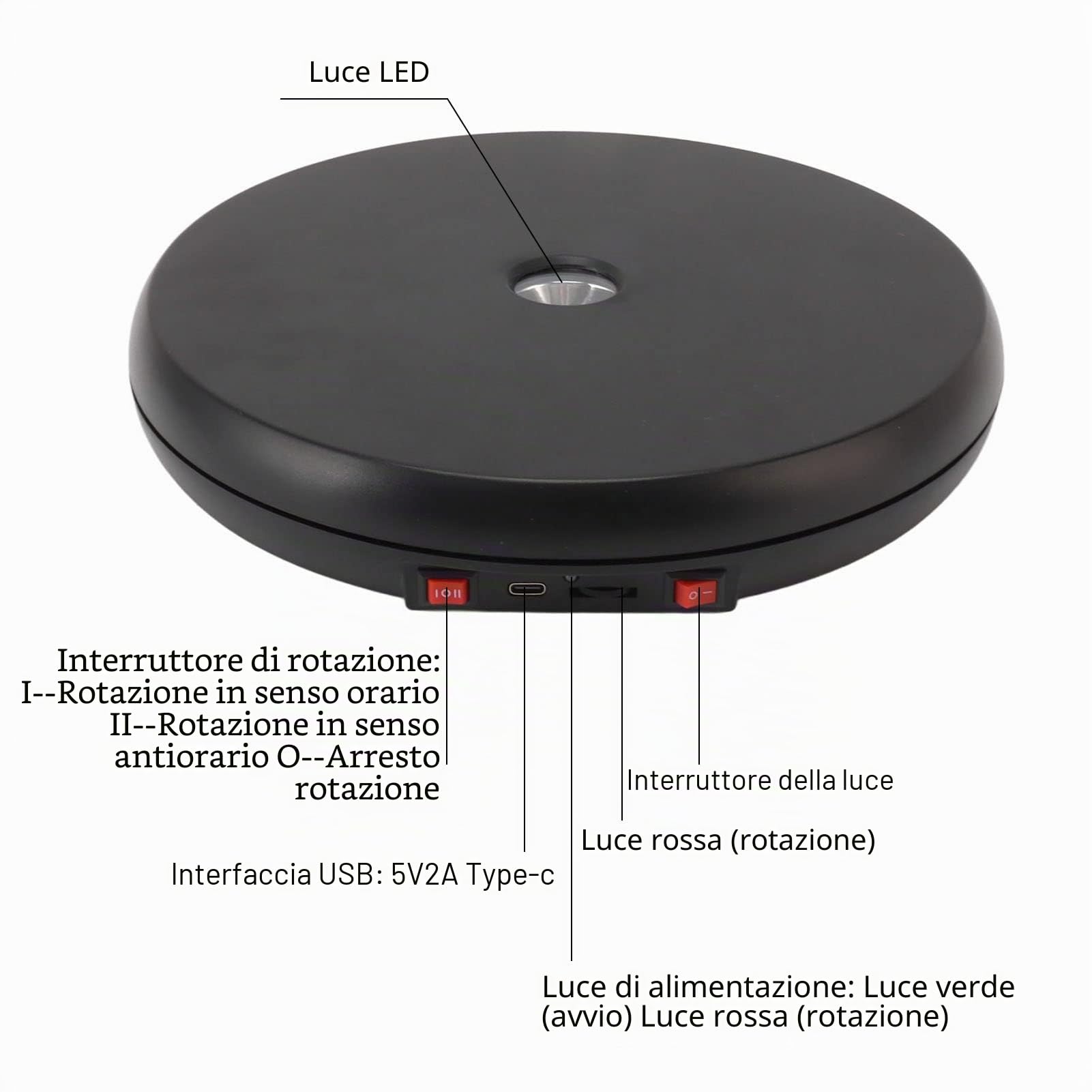 Tyenaza Espositore Rotante, Tavolo Espositivo Rotante Elettrico, Luce LED 25cm Silenzioso 20kg capacità di Carico Espositore Giradischi per Gioielli