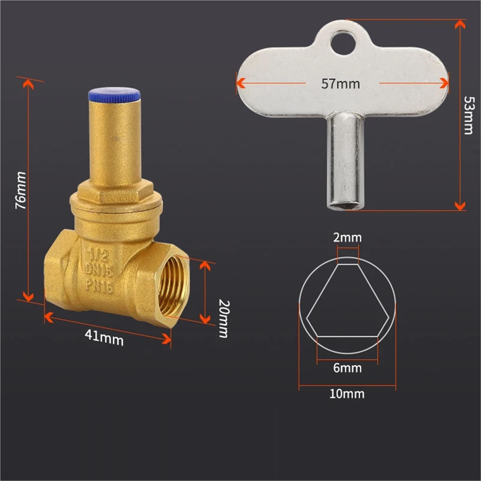 1 valvola a saracinesca in ottone da 1,3 cm, 1,9 cm, 2,5 cm, con serratura a triangolo, interruttore a chiave, valvola dell'acqua DN15 DN20 DN25 per contatore dell'acqua, valvola di blocco antifurto