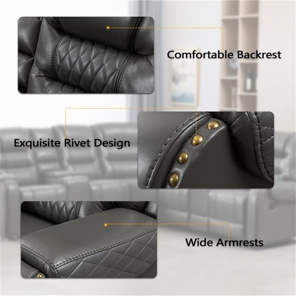 Pemberly Row Manual Recliner Sectional Sofa Set, PU Leather L-Shaped Couch, Gray, Spacious Seating with Cup Holders and Storage Box, Durable Frame, Comfortable Living Room Furniture