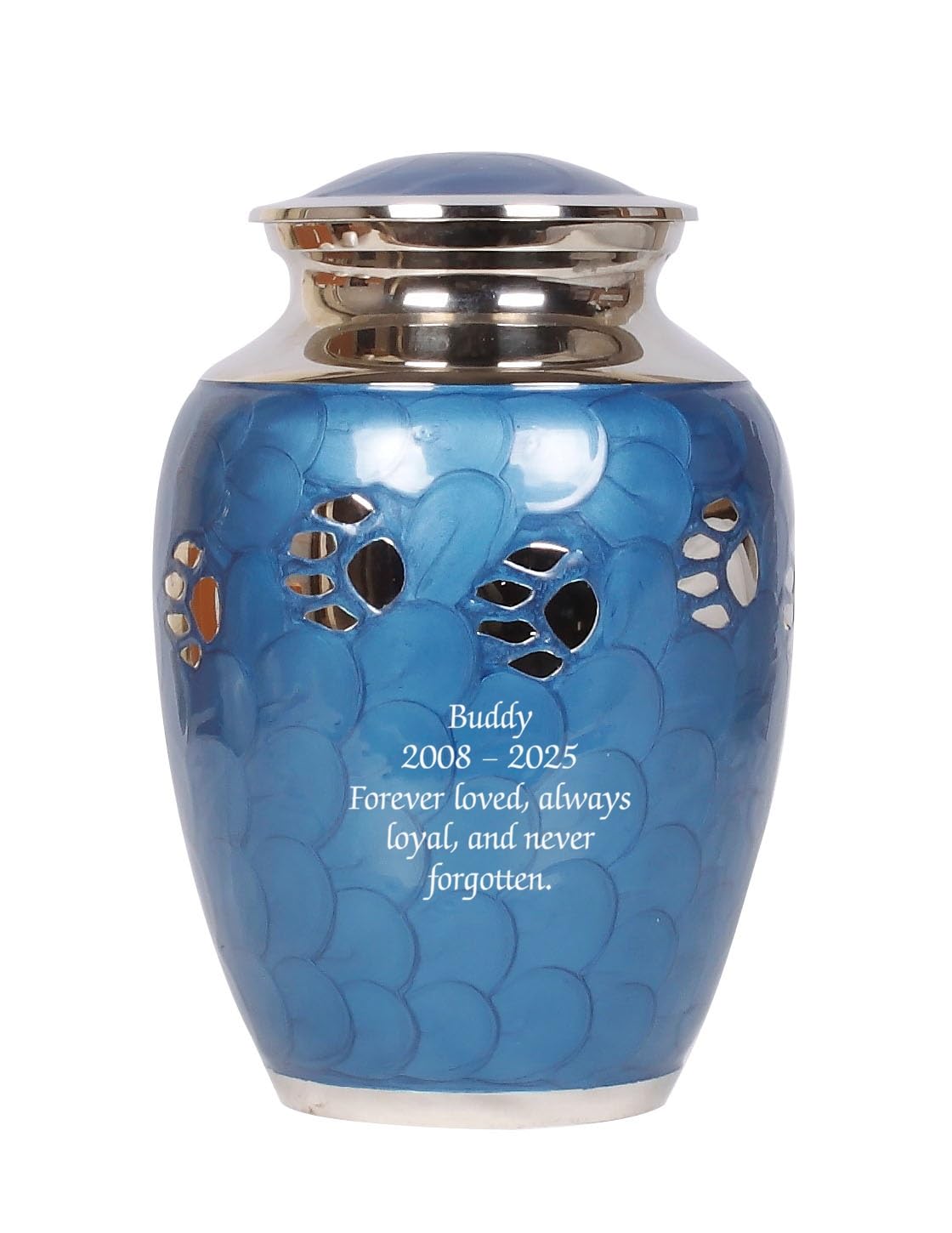 Pet Cremation Urn for Ashes with Paw Print Memorial Design, Solid Brass Handcrafted Vessel, Secure Top Lid, Keeps Remains Safe for Dogs Cats (8 Inch Blue- Text Engraved)