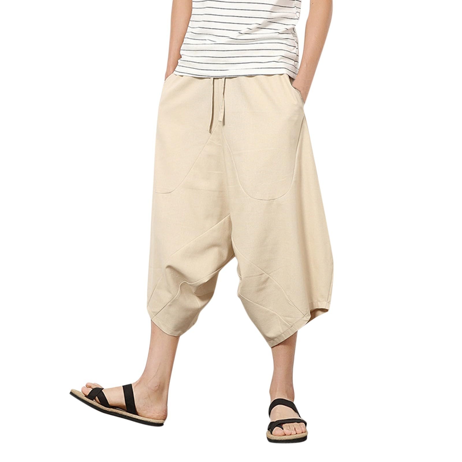 Japanese Pants Men Baggy Sweatpants Linen Harem Going Out Elegant Trendy Renaissance Pants?? Hippie Mens Shorts Streetwise/Hip Hop Style Beach Yoga Anime for Summer Wide-Leg Trousers Khaki
