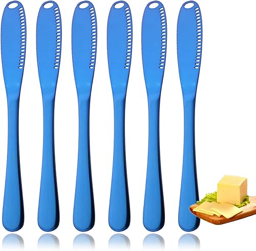 JASHII Cuchillo esparcidor de acero inoxidable azul, 6 piezas, cuchillos de mantequilla de maní brillante, espátulas, esparcidor y rizador,