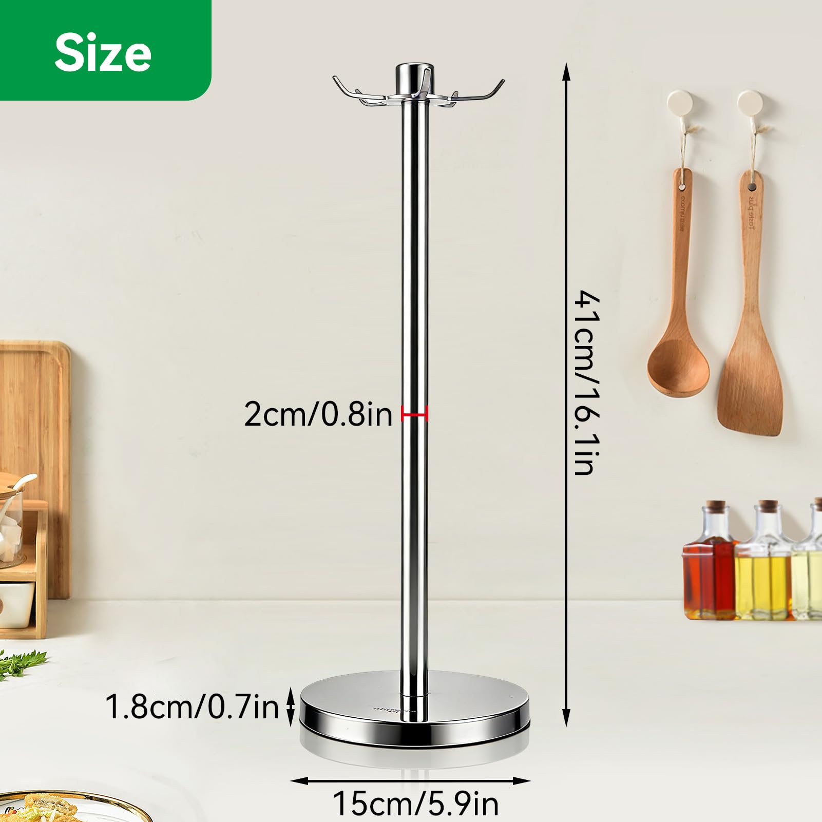 Cyrank Edelstahl-Utensilienhalter-Organizer für Küchentheke, Utensilien-Aufhänger-Ständer, 360 Grad drehbarer Utensilienständer, Pfannenwender, Löffel, Suppenkelle