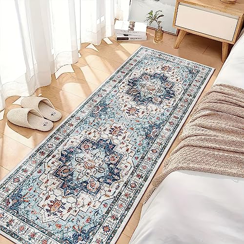 Madane Blue Runner Rug, 2x5, Low-Pile, Non-Slip, Washable, Stain Resistant, Retro, Machine-Made, Microfiber, Floral, Kitchen, Living Room, Bedroom, Laundry Room