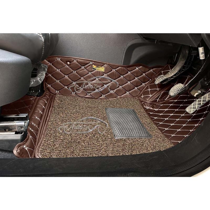 Image of Luxury 7D Car Floor Mat Full Set for Skoda Kushaq (2021) | 7 Layer Protection Mats | Luxury Leather with Noodle /Curly Car Foot Mat with Heal Pad | Anti-Skid & Waterproof (Coffee Beige)