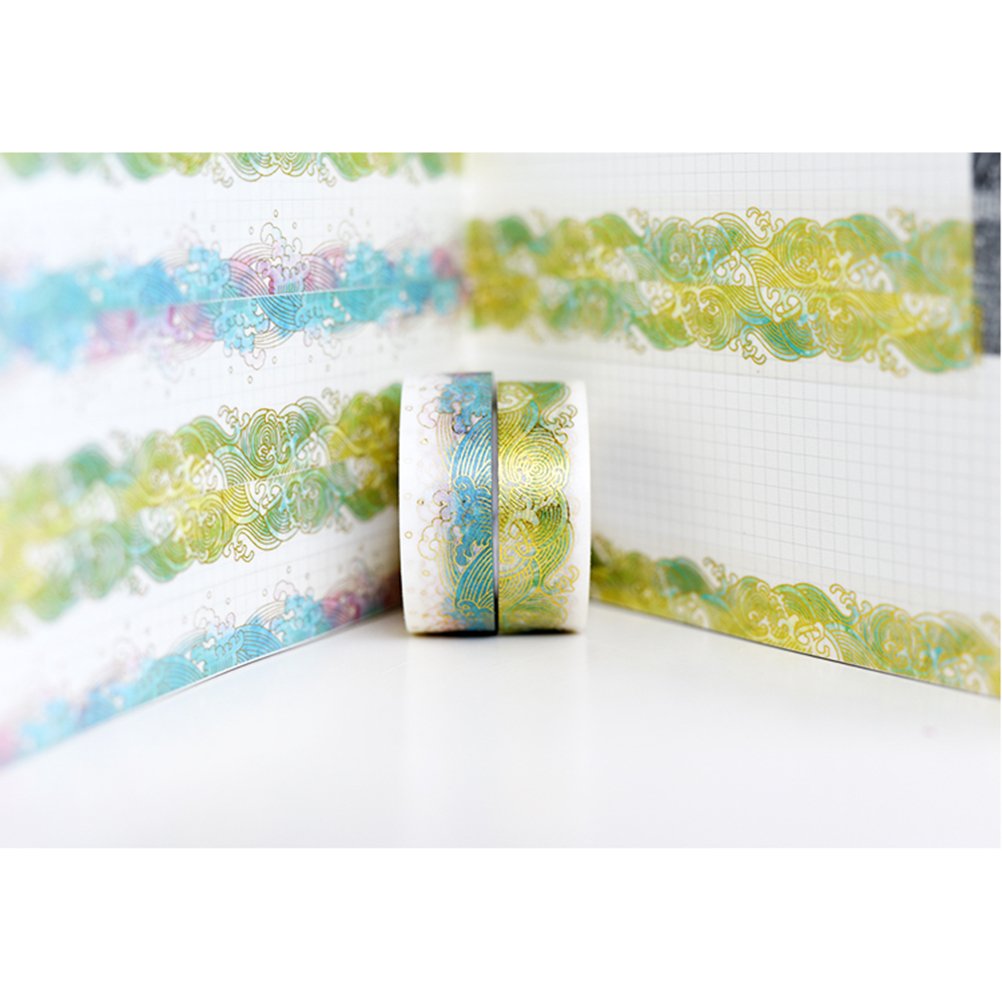 Złota taśma Washi Tape zestaw 2 rolek - unikalny design złota kolorowa fala morska dekoracyjna DIY japoński klej maskujący samoprzylepny papier Washi zestaw taśm (szerokość: 15 mm)