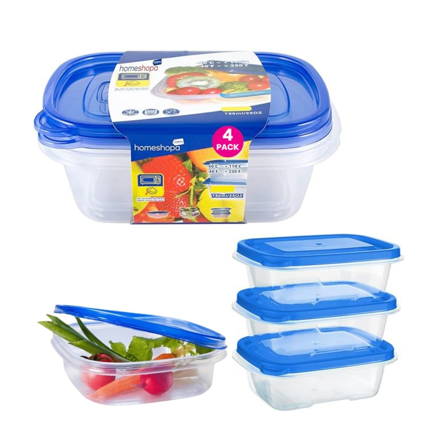 Homeshopa.com Blue Lid Homeshopa Food Storage Containers With 750Ml, 4 Pack Rectangular Bpa Free Plastic Containers With Airtight Lids, Reusable, Stackable, Nestable Meal Prep Boxes