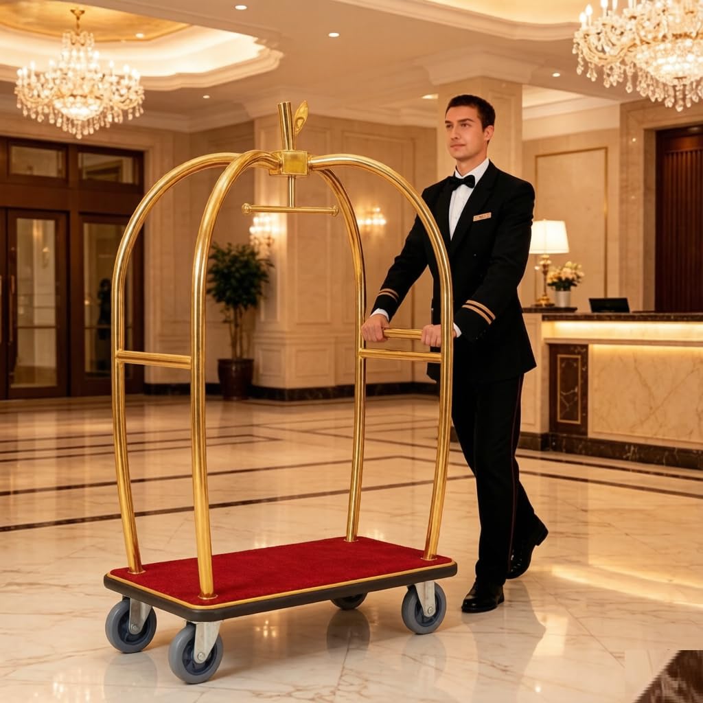 Wózek bagażowy, wózek serwisowy hotelowy, 6-calowe gumowe kółka, złoty, stal nierdzewna, odpowiedni do miejsc komercyjnych, takich jak hotele, apartamenty, kurorty itp.