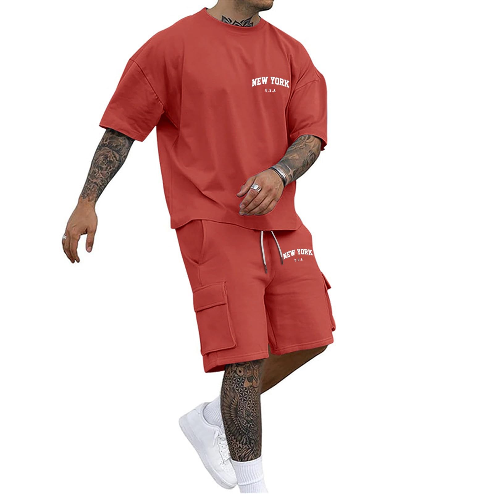 Men Outfits 2 Piece Fashion Casual Drop Shoulder Oversize Tee Shirt Shorts Set Athletic Jogging Summer Tracksuits