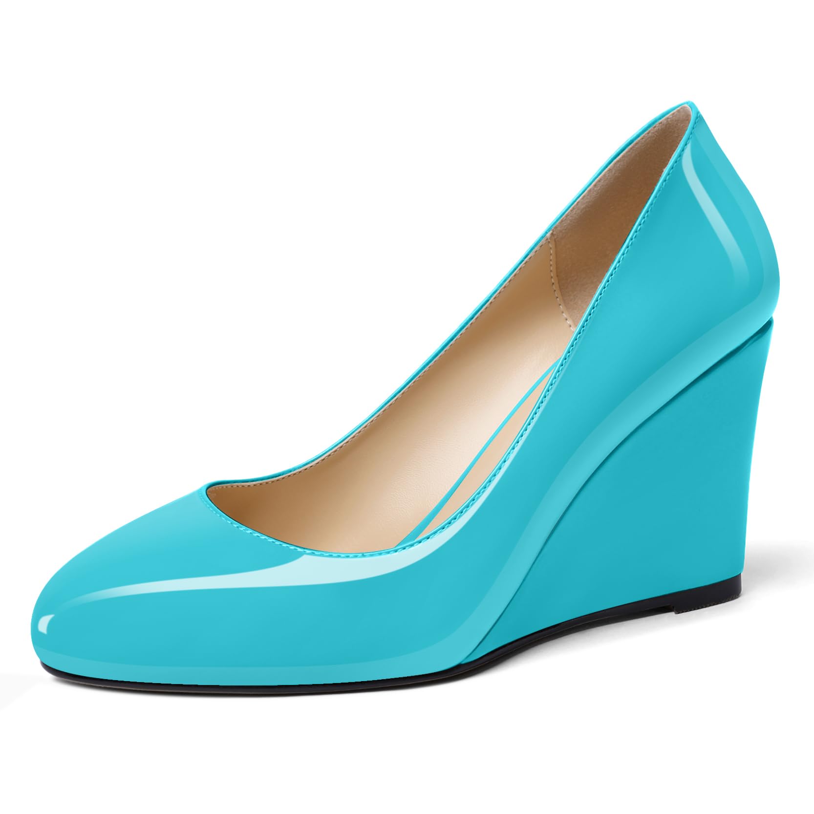 Soireelady Women Round Toe Wedges Closed Toe High Heel Pumps Slip On Wedge Heels Patent Leather Office Work Heels Elegant Dress Shoes
