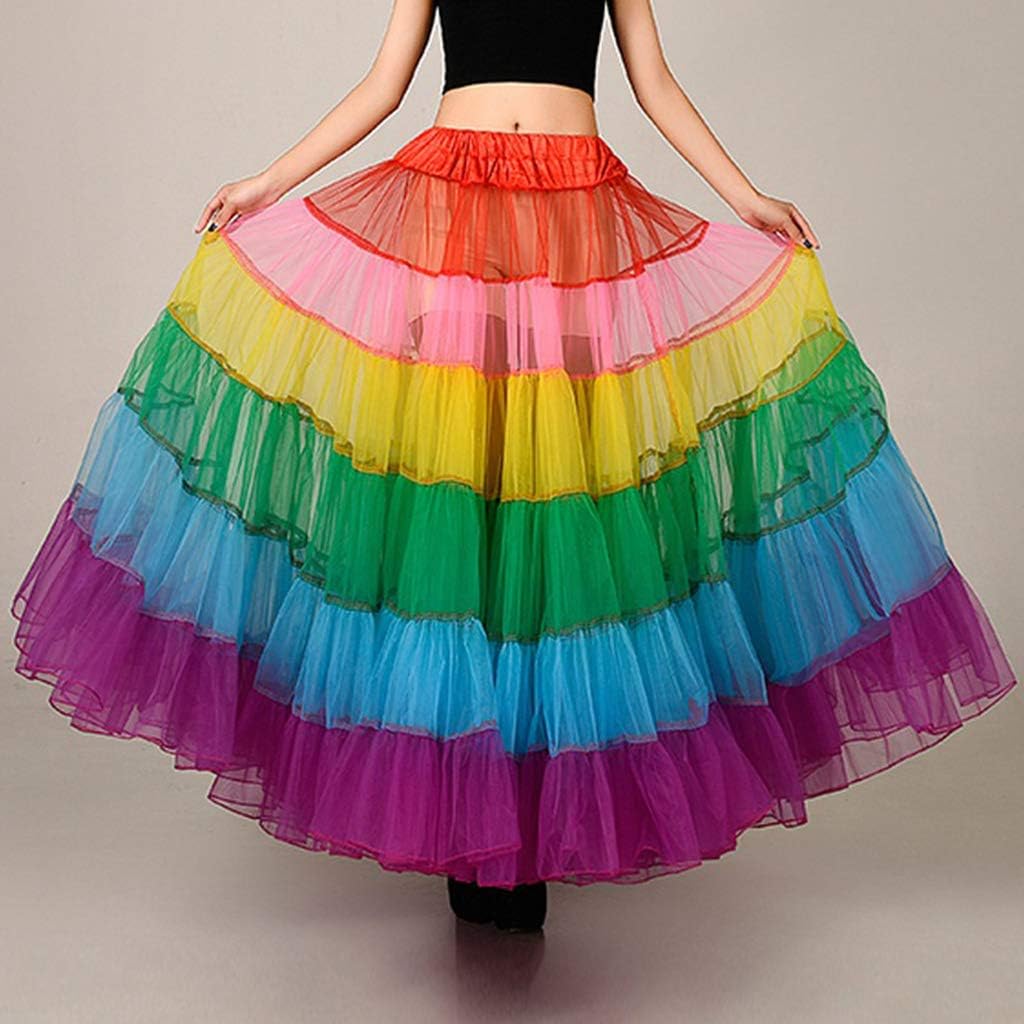 Multicolored Rainbow A-Line Skirt Pleated Floor Length Mesh Petticoat
