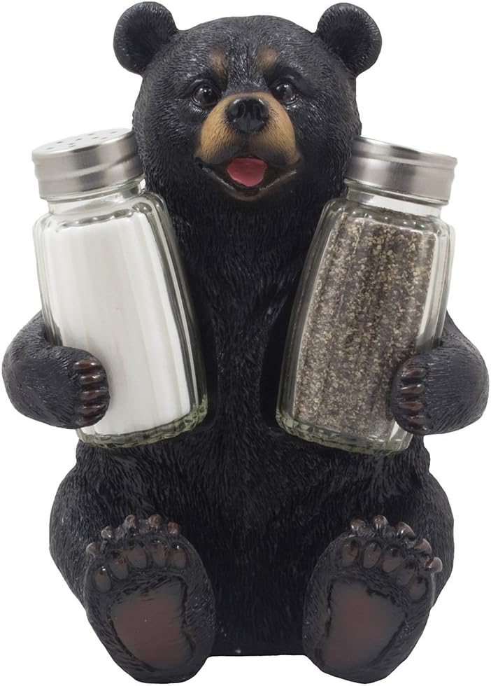 Decorative Black Bear Glass Salt and Pepper Shaker Set with Holder Figurine Sculpture for Rustic Lodge and Cabin Kitchen Table Decor Centerpieces & Spice Rack Decorations or Teddy Bear Gifts