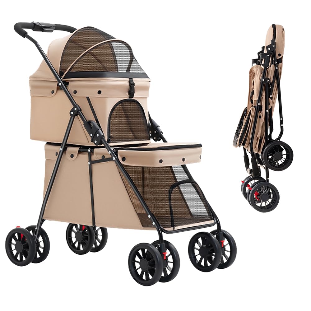 Double Couche Poussette pour Chien Chat Animaux, Animaux Voyage Poussette, Pliable Chien Chat À Quatre Roues Chariot, avec Ventilation et Freins (Marron, 50x67x95 cm/double couche)
