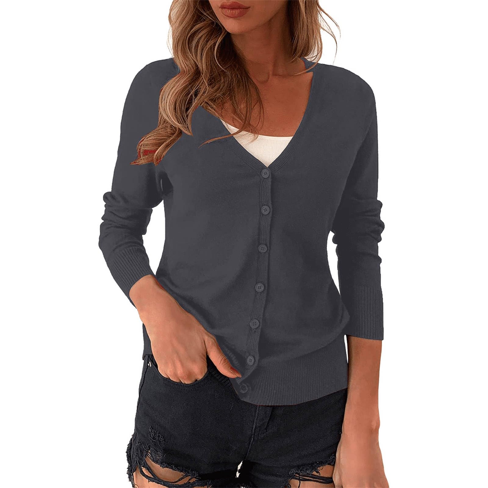 Generisch Cardigans para mujer elegante e informal bolero para tops vestido cárdigan de verano manga larga suéter de punto estrecho transpirable con botones chaqueta camisa con cuello en V ligero