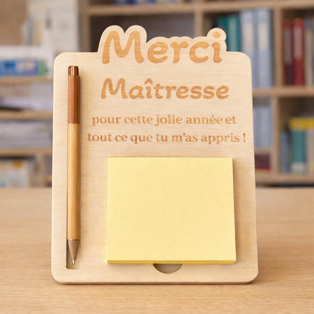 Support Post-it Personnalisé en Bois avec Stylo – Cadeau Maîtresse Fin d’Année Scolaire – Support Bureau avec Bloc de Post-it