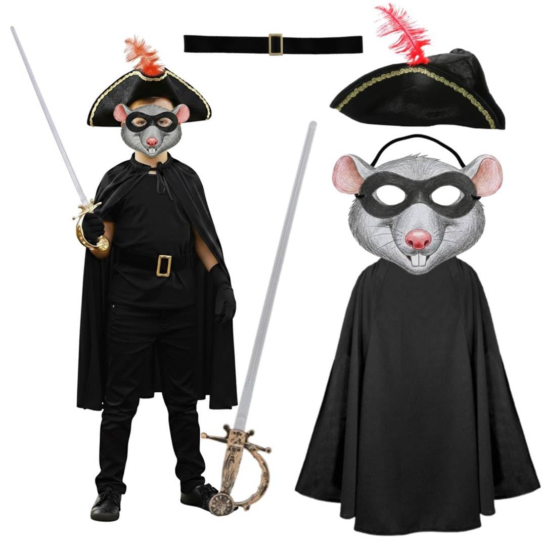 Highway Rodent Kids Costume Set – Rat Card Mask, Black Cape, Belt, Musketeer Hat & Foil Sword – Storybook Character Fancy Dress for World Book Day, School Events & Halloween