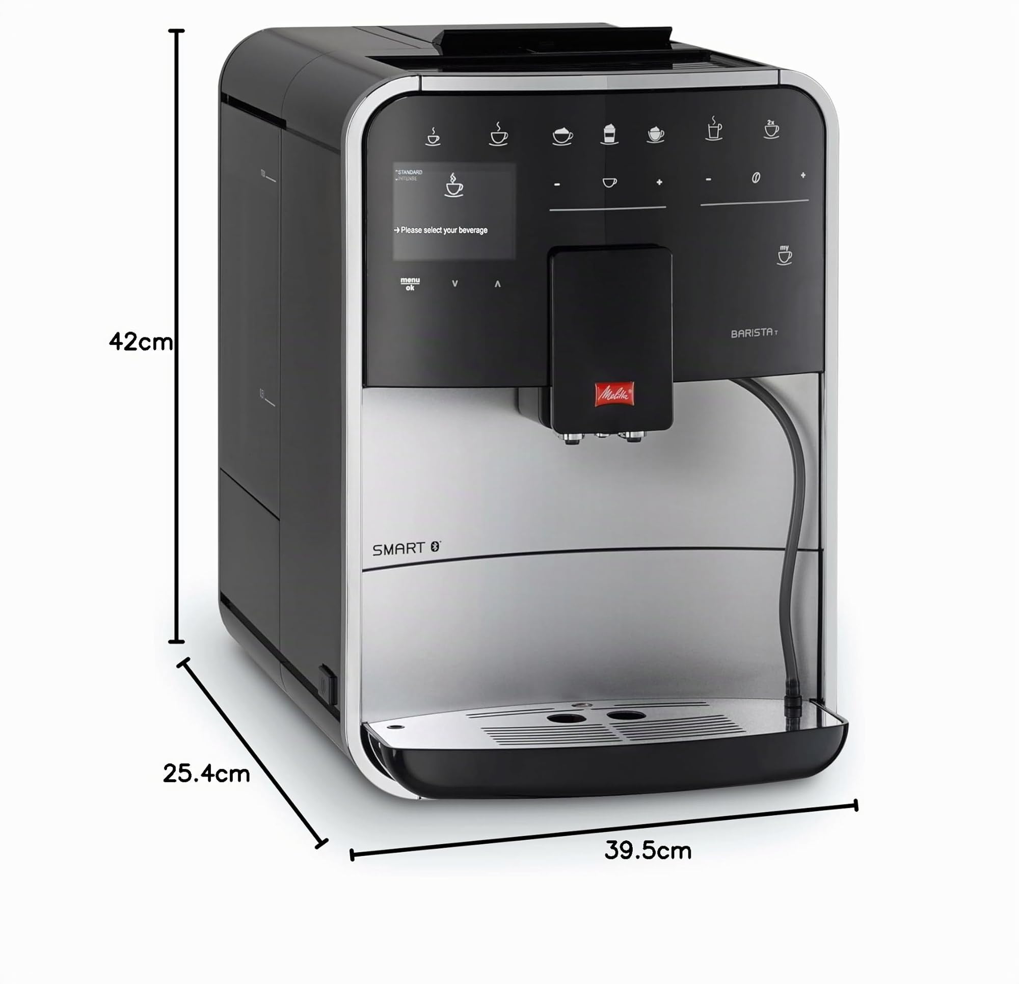 Melitta Barista T Smart Argent, Machine à Café à Grains avec Broyeur et Système One Touch, Mode 1 à 2 Tasses, Cafetière Connectée, Écran Couleur TFT, F831-101