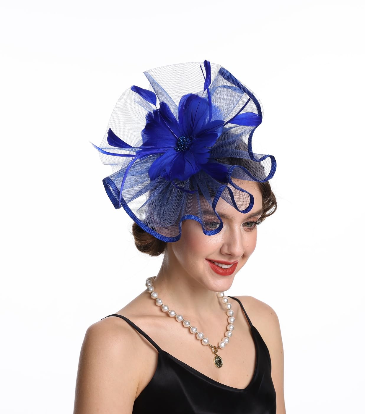 Fascinator Hat Feather Mesh Net Veil Party Hat Flower Derby Hat with Clip and Hairband for Women (A1-Sapphire Blue)