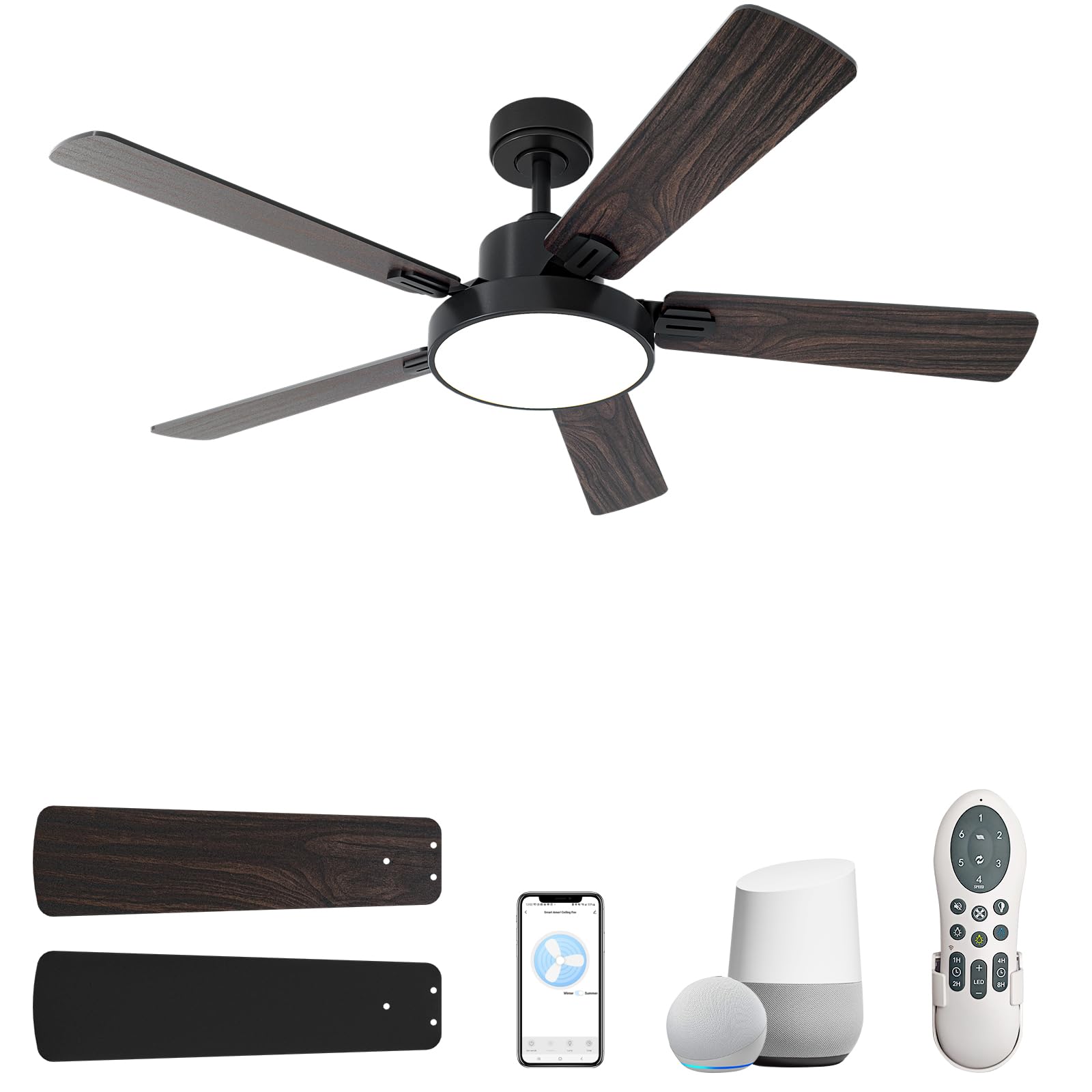 52 Inch Smart Ceiling Fans with Lights, 5-Blade Ceiling Fan with Alexa, Remote, App Control, 2-Color Plywood Blades, 3CCT LED Light, Quiet DC Reversible Motor, ETL Listed, Black/Walnut