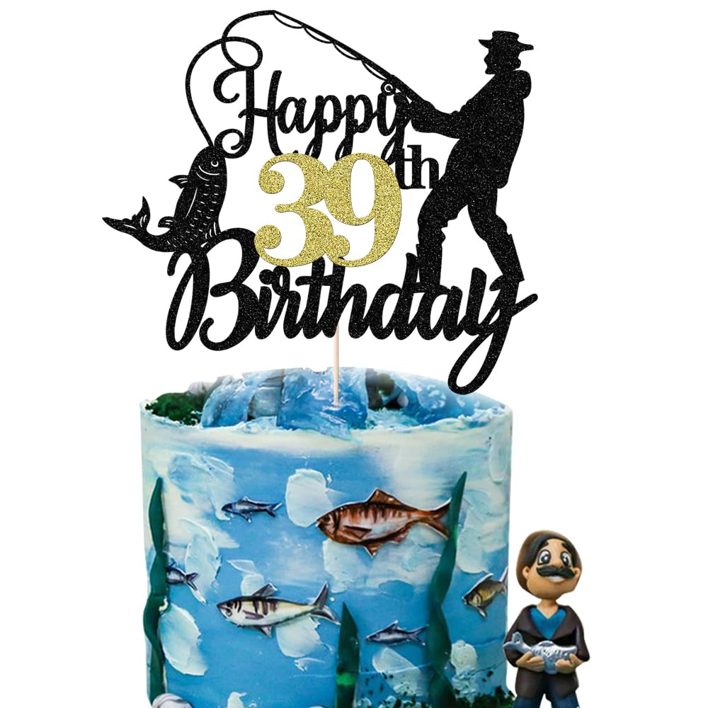 Fishing Happy 39th Birthday Cake Topper - Man Fisherman Theme Cake Decor -Fisherman 39 Years Old Party Decorations,Cheers to 39 Years,Fishing Themed 39th Birthday Party Decorations