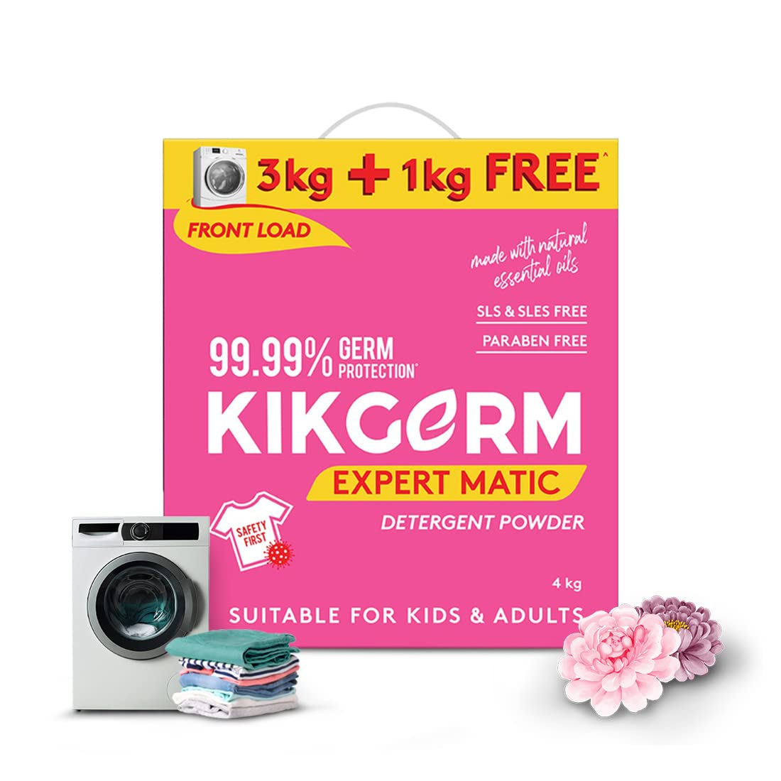 KIKGERM Front Load Detergent Powder For Tough Stain Removal White and Coloured Clothes Plant Based No Harmful Chemicals - 3KG + 1KG (4 KG) (B09HQTDB5D) Amazon Price History, Amazon Price Tracker