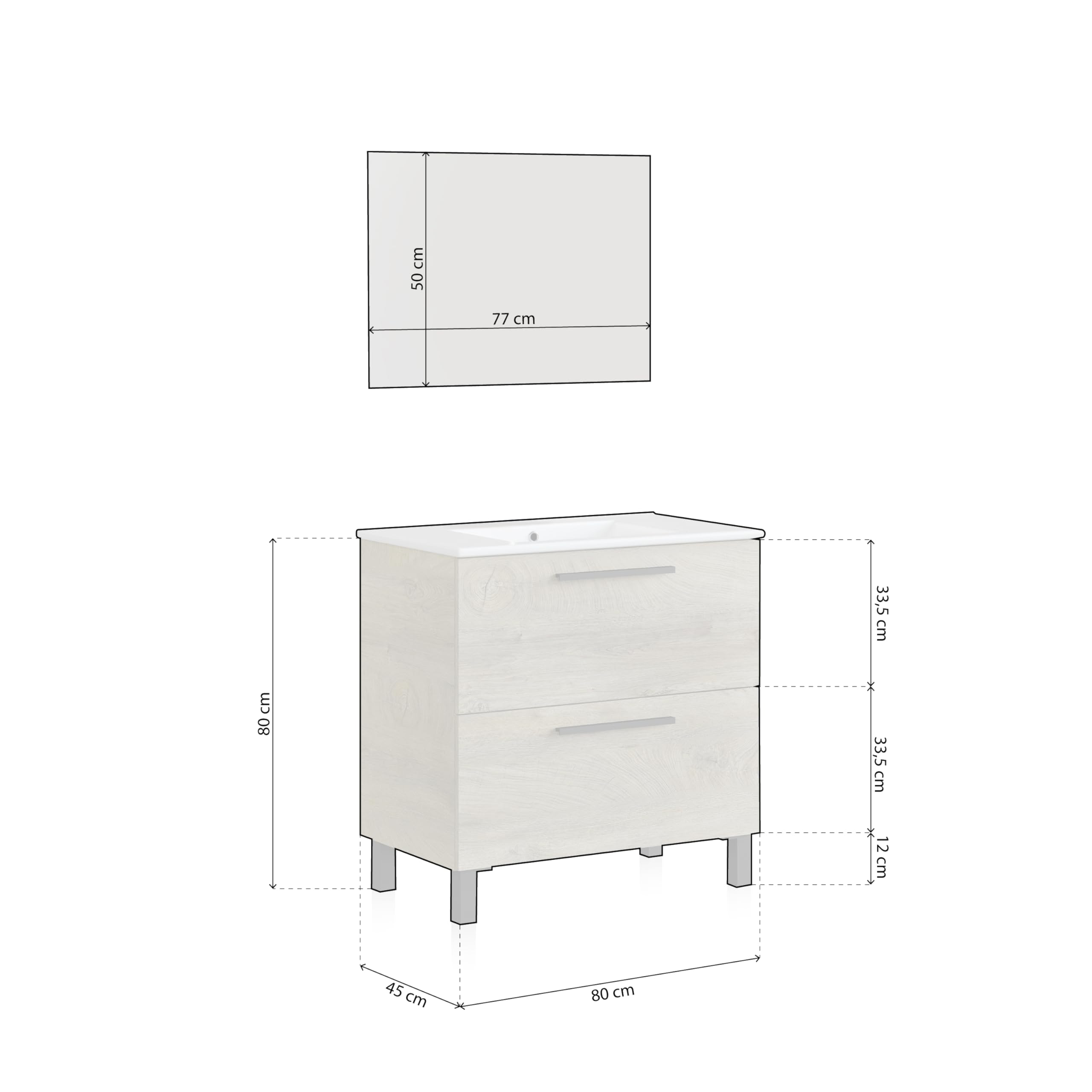 duehome | Mueble de Baño con 2 Cajones y Espejo, Modulo Lavabo, Modelo Sense, Acabado en Roble Alaska, Medidas: 80 cm (Ancho) x 80 cm (Alto) x 45 cm (Fondo)