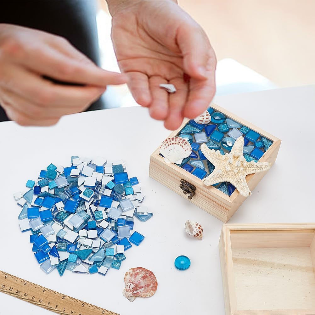 WEBEEDY DIY Seashell Box Mosaic Container Kit Mosaic Material Adults Art Crafts Blue Beach Theme Glass Mosaic Tiles with Wood Box for Handmade Art Home Decor Gifts, 2x4.7x4.7 inch