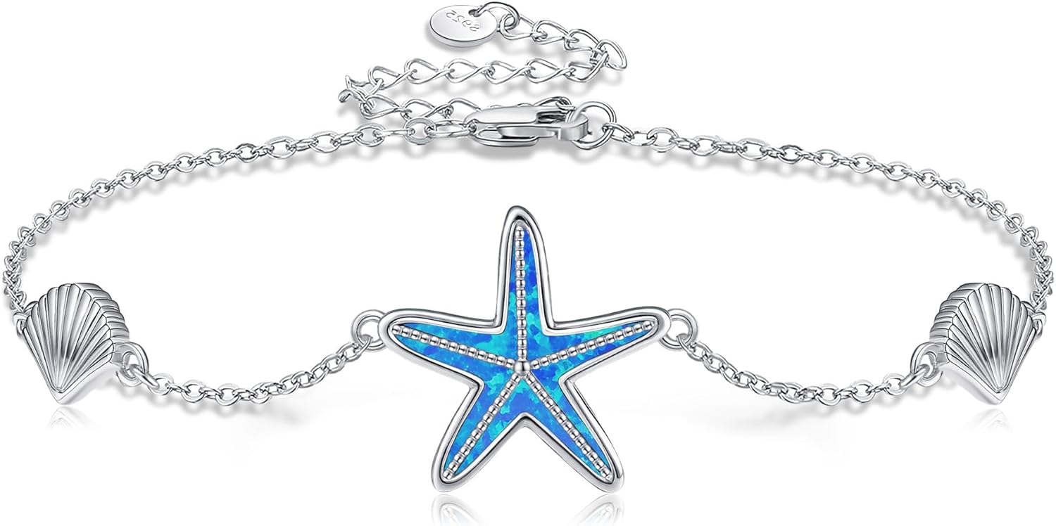 MONGAS Starfish Bracelet Sterling Silver Starfish Shell Bracelet Ocean Beach Jewelry for Women