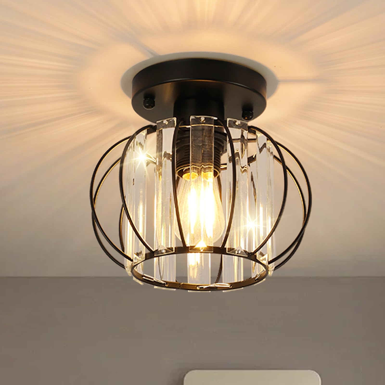 SWORDFORCE Crystal Ceiling Light Fixture, Semi Flush Mount Ceiling Lamp Small Metal Modern Matte Black Hallway Lighting for Closet, Bathroom, Storage Room, Foyers, Entrances
