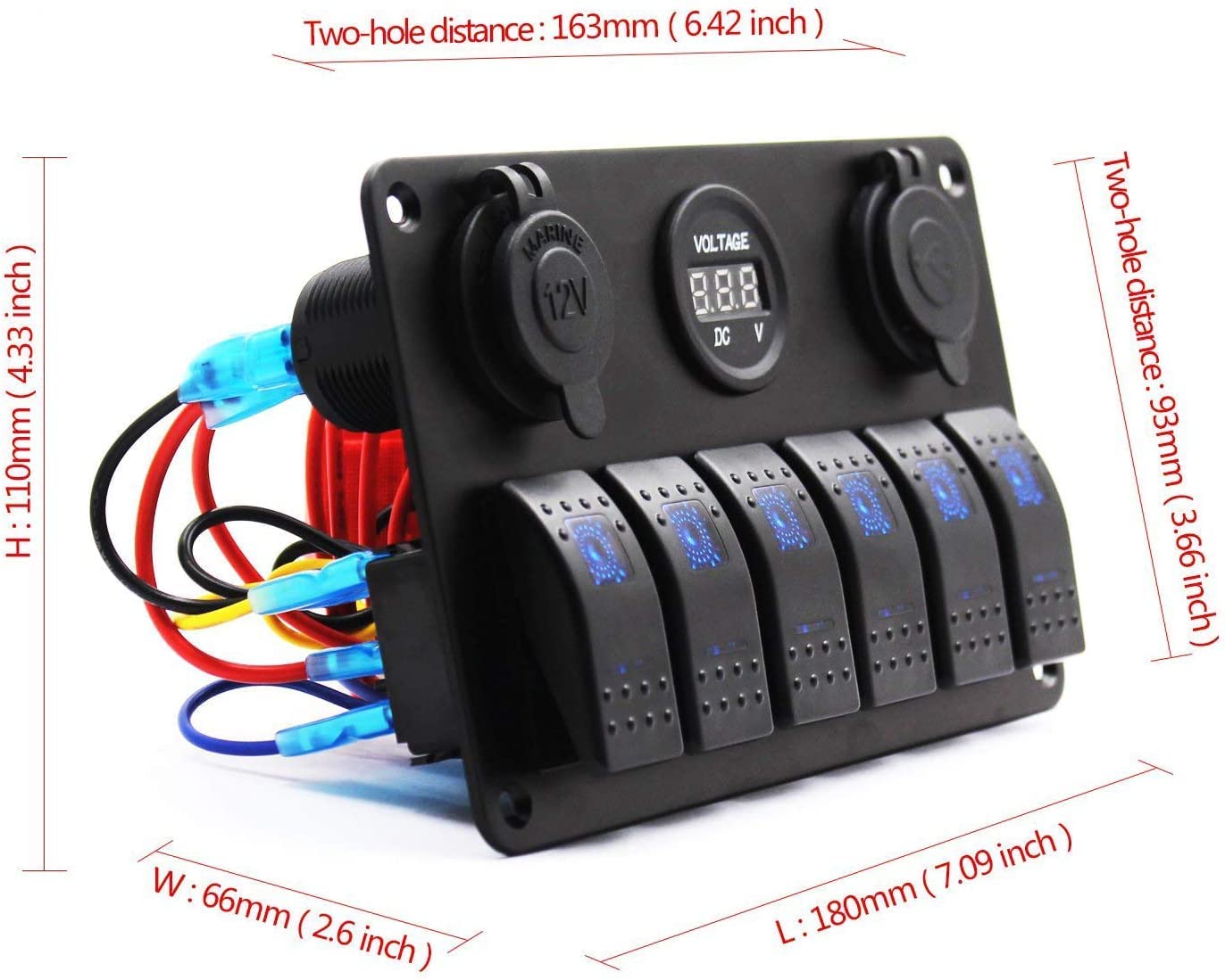 Panel de interruptor basculante para barco impermeable con pantalla de voltaje digital, puertos USB duales, fusible y luz LED para coche, camión, caravana, vehículos, yate(6 bandas, azul)