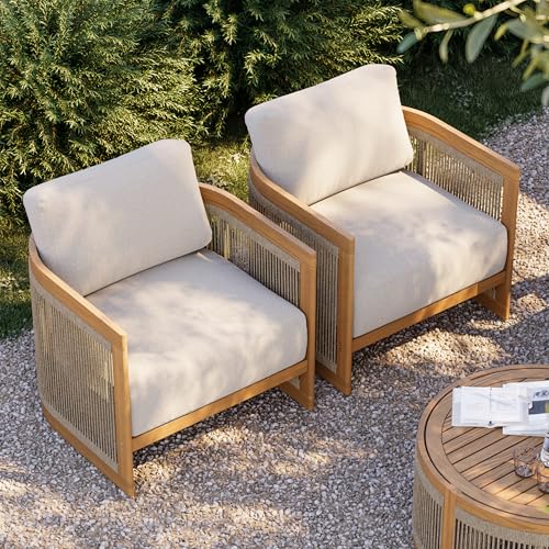 homary Teak Outdoor Chair, Rope Woven Patio Lounge Chair with All-Weather Cushions, Deep Seat Ergonomic Armchair with Removable Washable Covers (1 Chair)