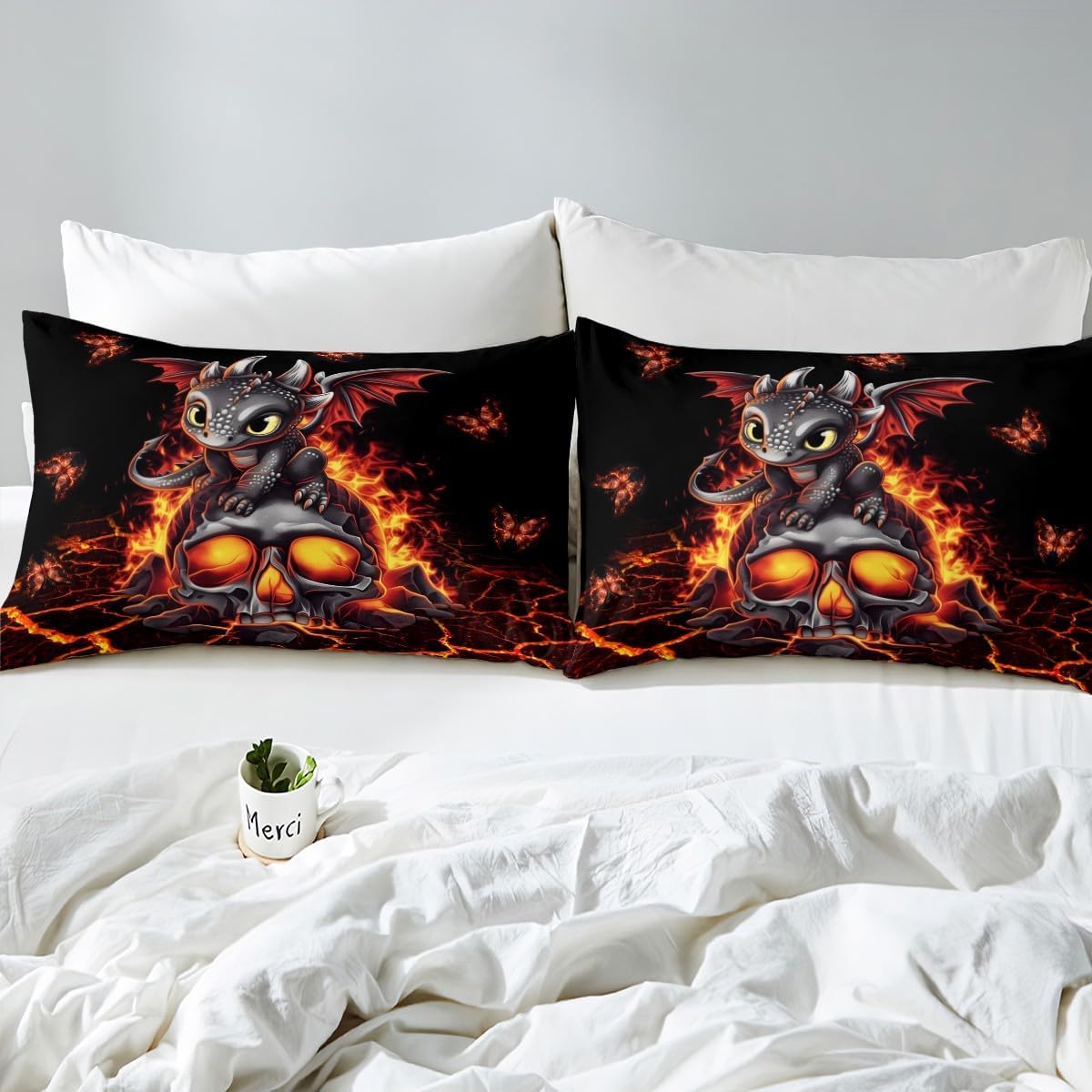 Cartoon Dragon Fitted Sheet Full Size Black Skull Flame Crack Bedding Set 3pcs for Kids Adults Lovely Halloween Dragon Bed Cover with 2 Pillowcases Neon Red Butterfly Soft Polyester Bedding image 5
