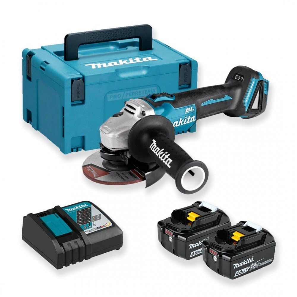 Makita Akku-Winkelschleifer 18 V / 4,0 Ah im MAKPAC inklusive 2 Akkus und Ladegerät, Blau, Silber, 9,5x160 mm, DGA504RMJ