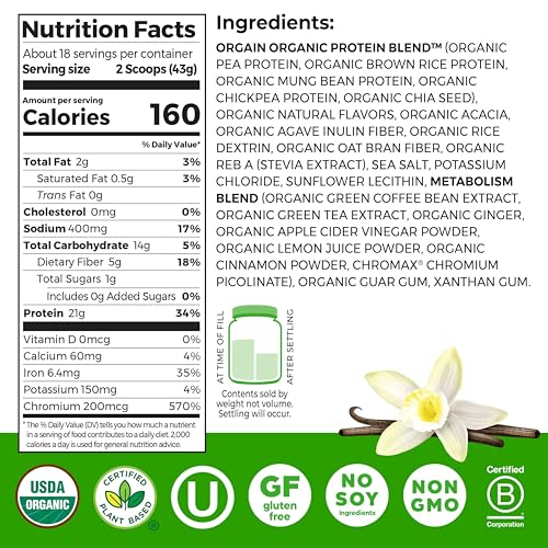 Orgain Organic 21g Vegan Protein + Metabolism Powder, Vanilla, 1.71lb - image 2