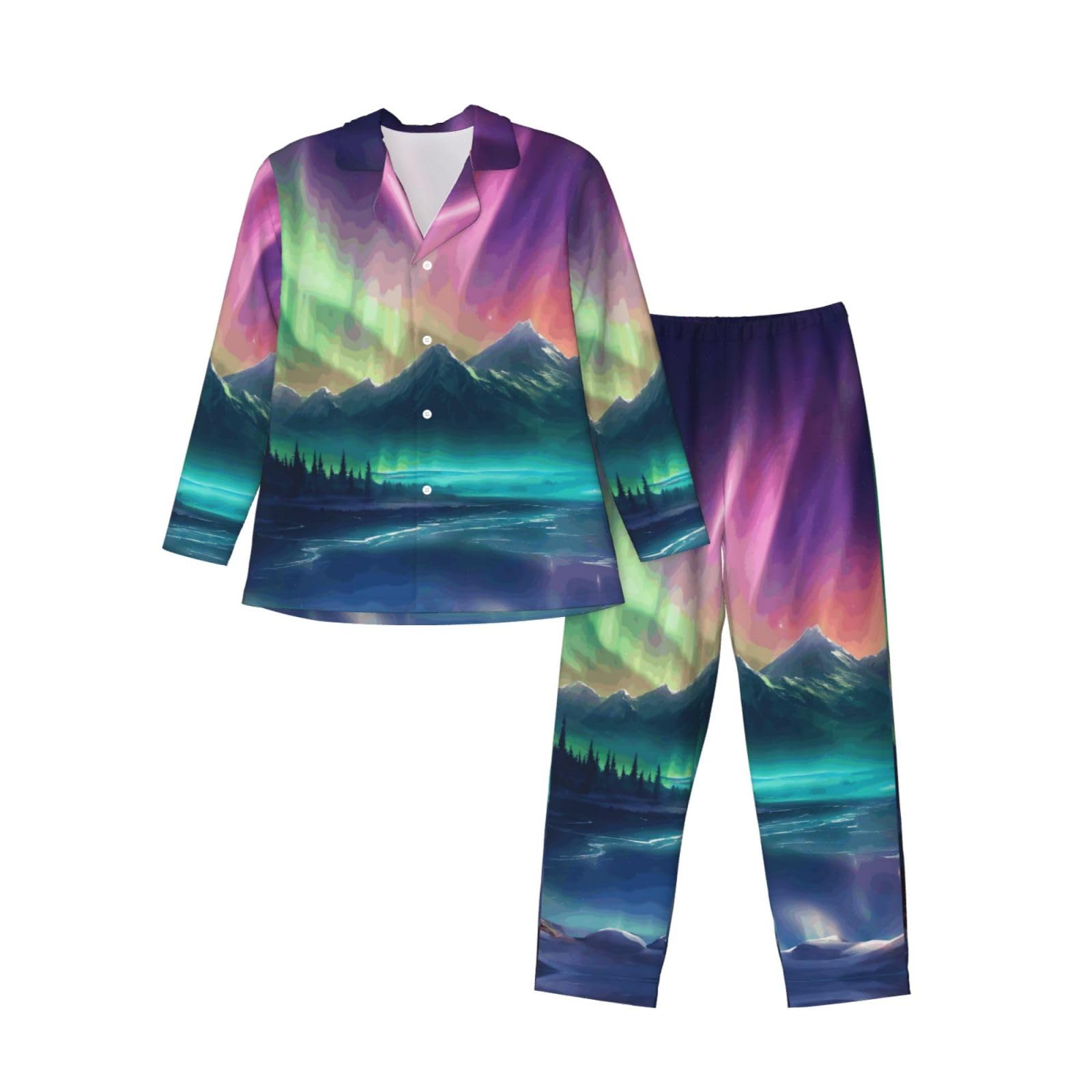 Dark Northern Lights Print męska piżama z długim rękawem zestaw bielizna nocna dwuczęściowy zestaw wypoczynkowy oddychająca bielizna nocna