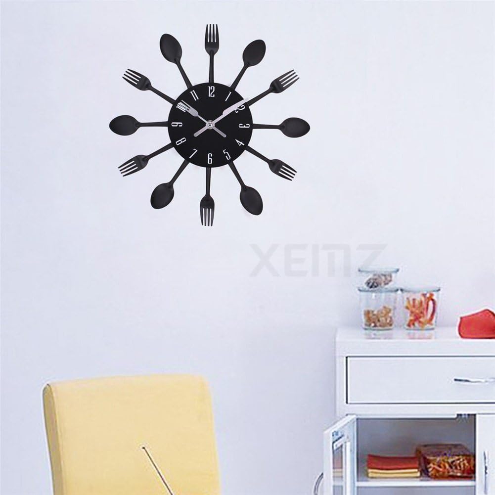 Creative Fork Knife Wall Clock, Cutlery Kitchen Novelty Hang Clock, Decorative Stainless Steel Spoon Utensil Analog Clock, Modern Decal Wall Sticker, Frameless DIY Mirror Effect Clock (Black)