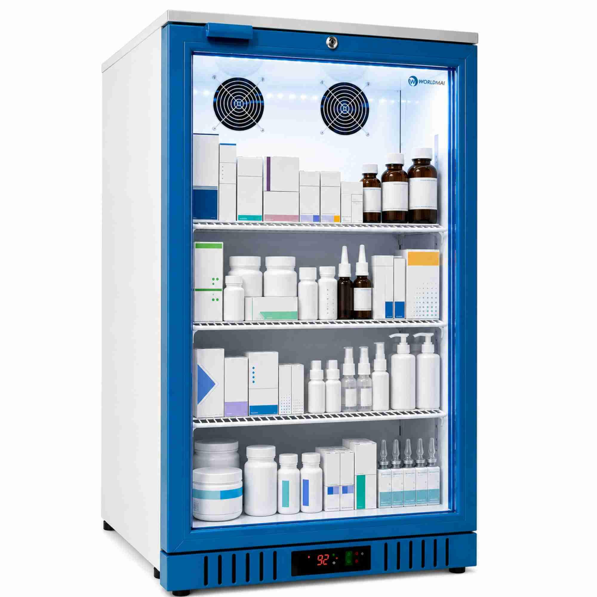 Frigorífico expositor para farmacia con puerta de cristal 133 L y doble ventilación. Armario expositor profesional para medicamentos y productos sanitarios con temperatura uniforme.
