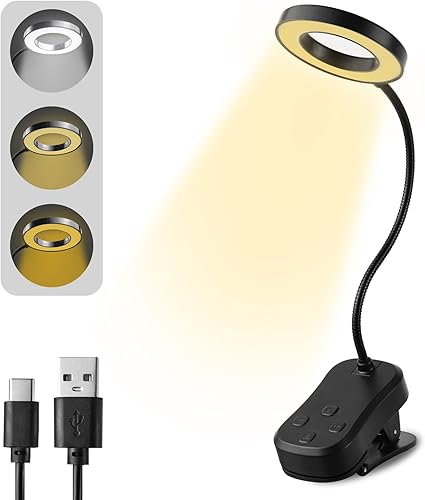 Luz de lectura, 20 luces LED recargables para leer en la cama, luz portátil con clip con 3 modos de color, 5 brillos, cuello de cisne ajustable y