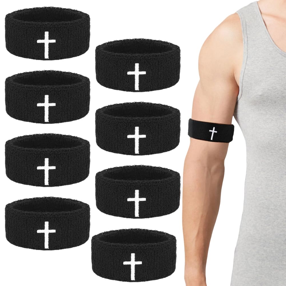 CREATCABIN 8Pcs Cross Arm Bands Black Bicep Bands Christian Soft Spandex Absorbent Sweat Armbands Faith Inspirational Sports Wristbands for Men Women Basketball Football Rugby 7.1 x 1.3 Inch