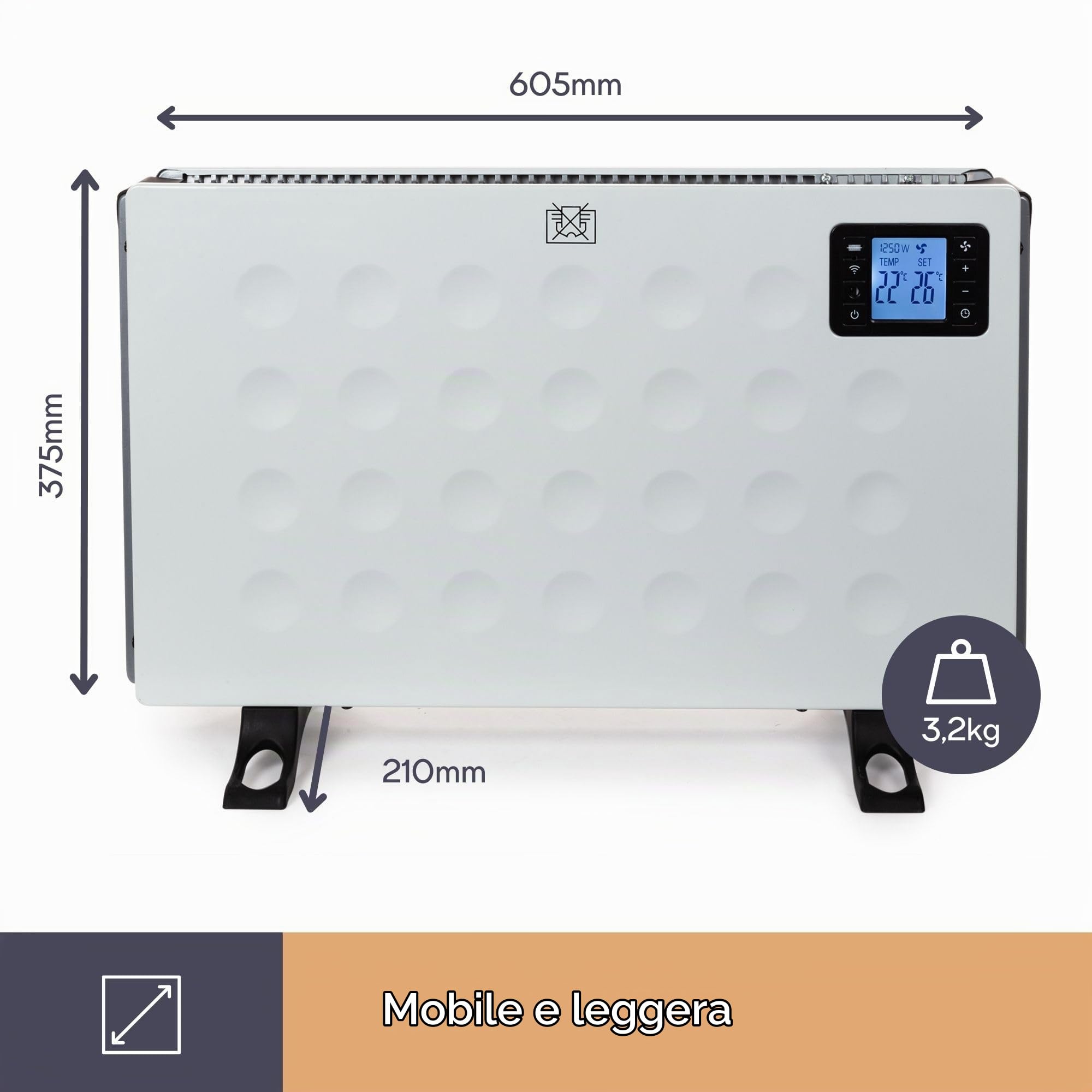 Perel Termoconvettore smart 2000W con 3 livelli di calore, termostato, IP20, protezione surriscaldamento, portatile con telecomando e controllo tramite app Tuya, per ambienti fino a 60 m³