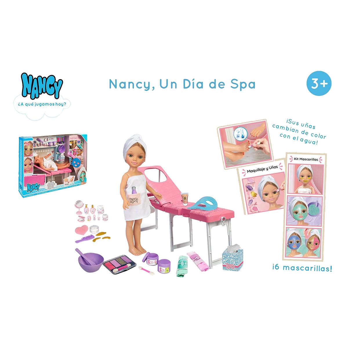 Nancy - Un día de SPA, muñeca con Toalla y Tumbona de SPA, Set para Hacer mascarillas, Maquillaje de Purpurina y Accesorios de Belleza, para niñas y niños a Partir de 3 años, Famosa, (NAC37000)