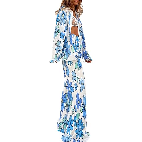 NUFIWI Women Y2K 2 Piece Pants Set Oversized Floral Printed Button Down Shirt High Waist Pants Outfits Summer Streetwear