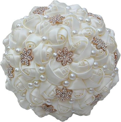 Miniatura 4 de S-SSOY Ramo de novia para novia, ramo de dama de honor, marfil, crema, oro, cinta de perlas de diamante, para el día de San Valentín, confesión,