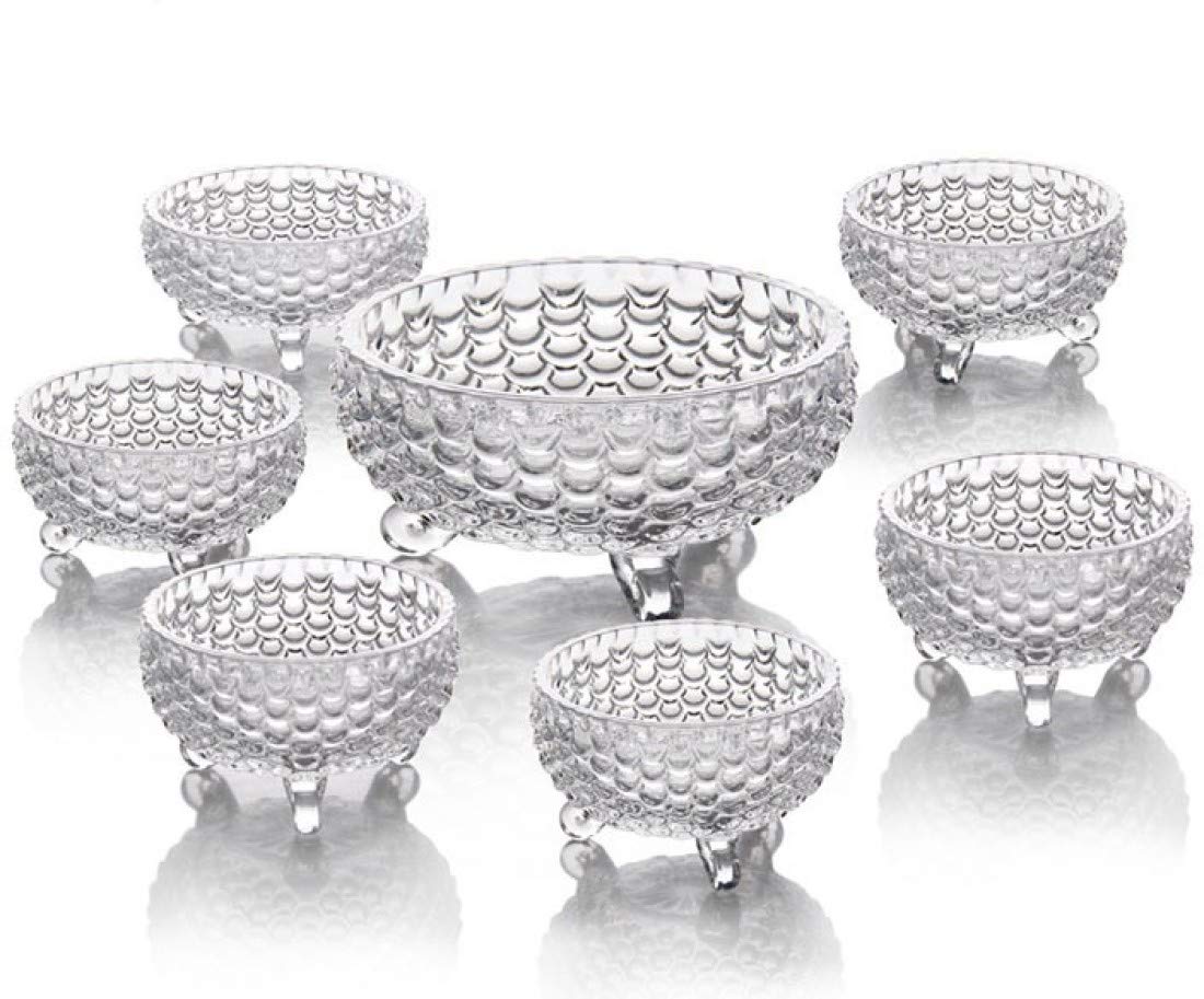 Kshavi Crystal Glass Ice Cream Bowl Set of 7 with 1 Large Bowl and 6 Small Bowls to Serve Desserts, Fruits, Snacks and Pudding (Set of 7)