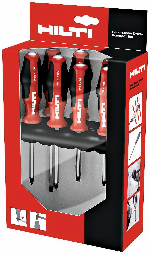 Hilti 2039207 S-SD-S COMP 7-częściowy zestaw wkrętaków ręcznych (wkrętarka ręczna, z końcówką Black Point i ramą do montażu na ścianie, wkładka sześciokątna)