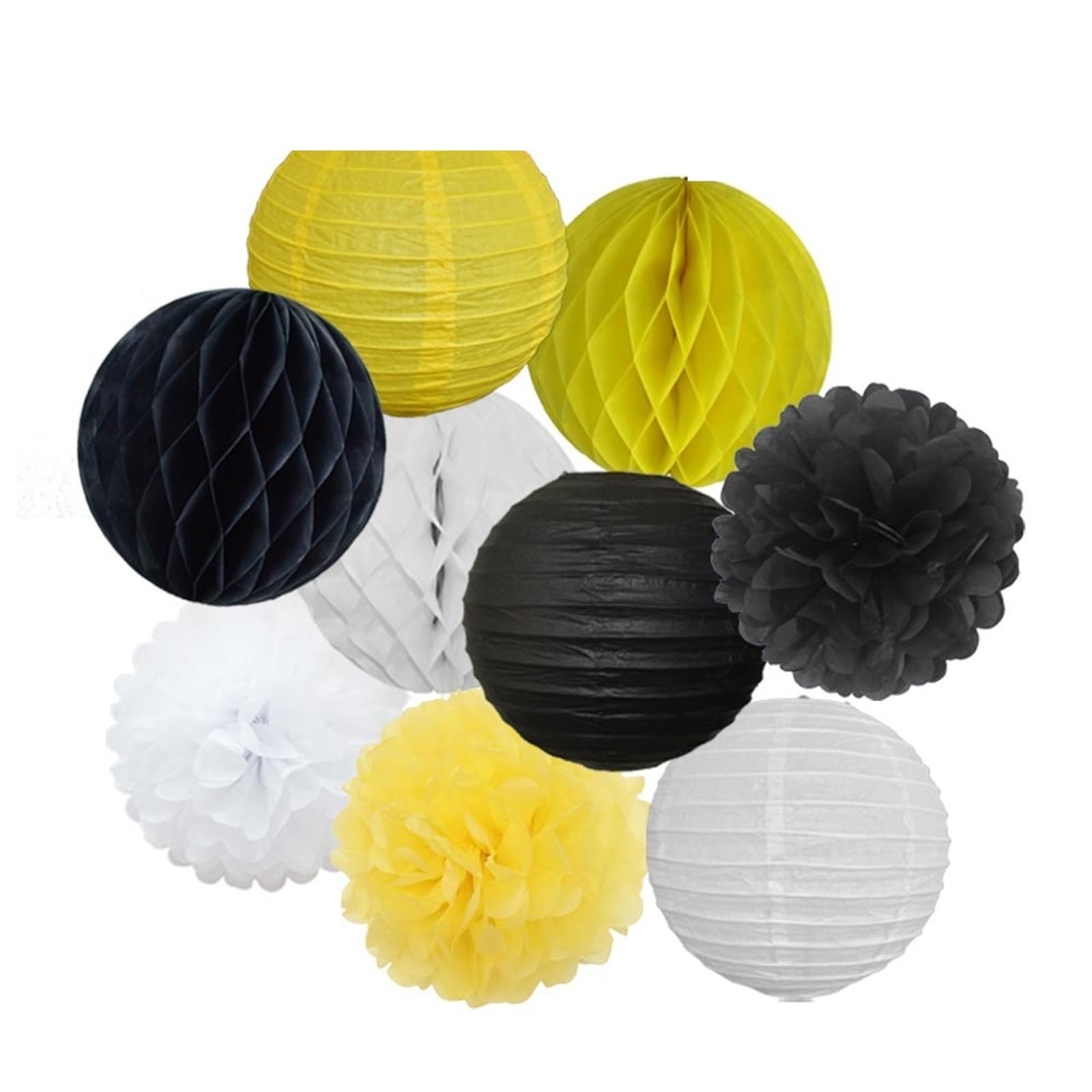 Paper Pom Poms Wedding Party Favor Hanging Round Paper Lantern 6" 8" 10" 12" Baptism Birthday Holiday Decor(Black Yellow,8inch(20cm))